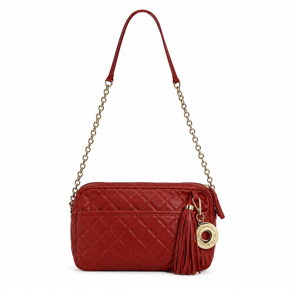 Isaac Mizrahi Red Quilted Leather Crossbody Camera Bag A234734 Tassel Gold Chain